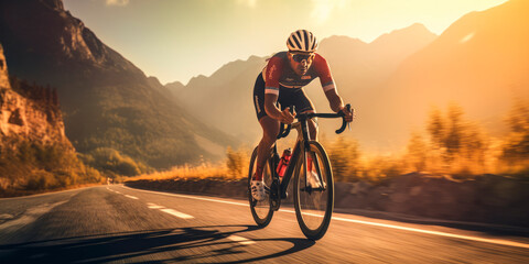 Professional road bicycle racer in action. mountain road bike at sunset. Created with generative AI technology. - obrazy, fototapety, plakaty
