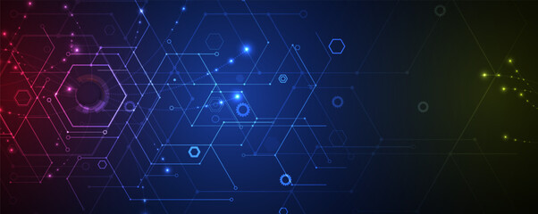 Technology banner design with hexagons abstract background.