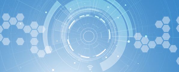 Technology banner design with hexagons abstract background.