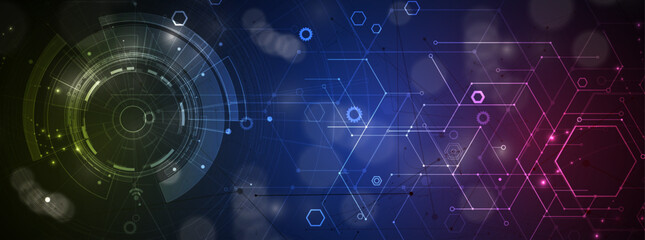 Technology banner design with hexagons abstract background.