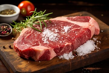 Raw meat steak with rosemary and spices on wooden background