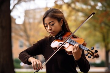 Fototapeta premium shot of a college student in the process of tuning up her violin on campus