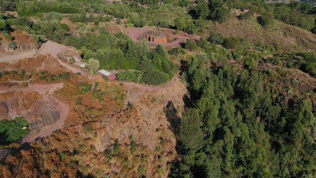 Aerial view of monolithic rock-cut church of bete giyorgis Lalibela Ethiopia