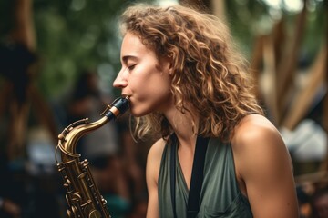 shot of an attractive young musician performing on her saxophone at a music festival - obrazy, fototapety, plakaty