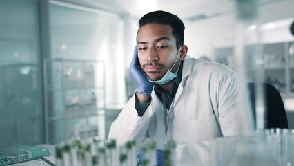 Laboratory, fail and bored man scientist frustrated with medical problem, fatigue or annoyed in hospital. Lab, burnout and health expert with depression, crisis or frustrated by bad treatment results