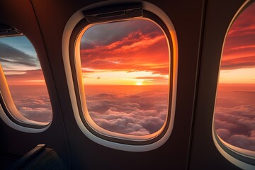 Naklejka premium View from airplane window on the clouds with sunset