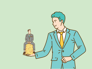 Confident two young businessman sitting on top of a money