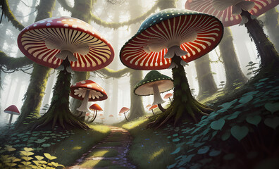 Mushroom forest of fly agaric in dense fog, created using artificial intelligence.