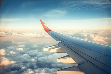 Wing of an airplane flying above the clouds