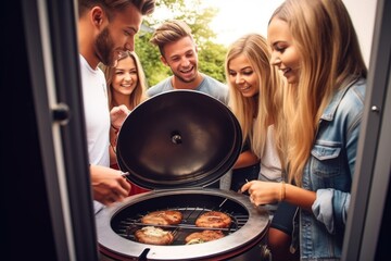 shot of a group of friends looking inside after opening the lid of their barbecue