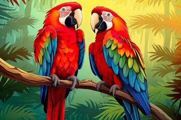 Obraz premium cute valentines day Macaw parrot couple world wildlife illustration with flora and fauna made with generative ai technology 