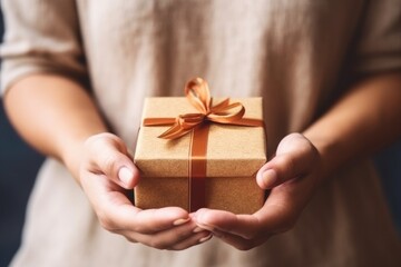 woman, hands and gift box for new year celebration, surprise or happy accident