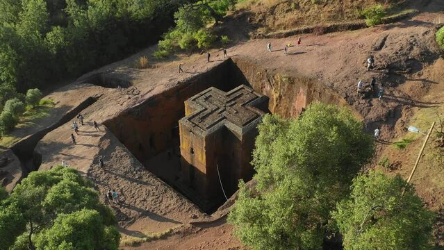 Aerial view of monolithic rock-cut church of bete giyorgis Lalibela Ethiopia