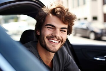 portrait of a smiling handsome young man sitting in his car outside