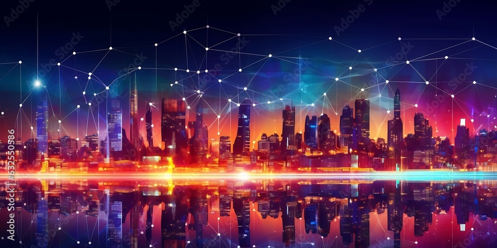Aufkleber generative ai : network and connection technology night city background at business center bangkok t