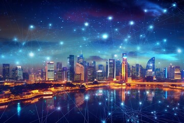 Fototapeta premium Generative AI : Network and Connection technology night city background at business center bangkok thailand Wireless skyline connection with energy light infographic