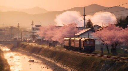 Generative AI : Japan landscape scenic view of JR Tohoku train with full bloom of sakura and cherry blossom hitome senbonzakura tohoku asia with snow mountain in spring season Beautiful sakura spot vi