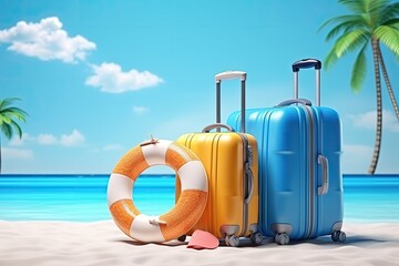 Suitcases with inflatable ring and beach accessories on blue background.