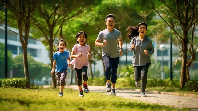 Generative AI : Young attractive happy asian family playing by running together in outside nature park in home school learning or montessori concept with white and blue casual wearing Asian lifestyle 