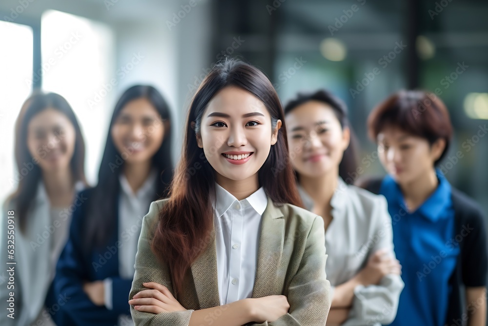 Poster generative ai : happy asian woman and creative team are smiling and looking at camera in modern work