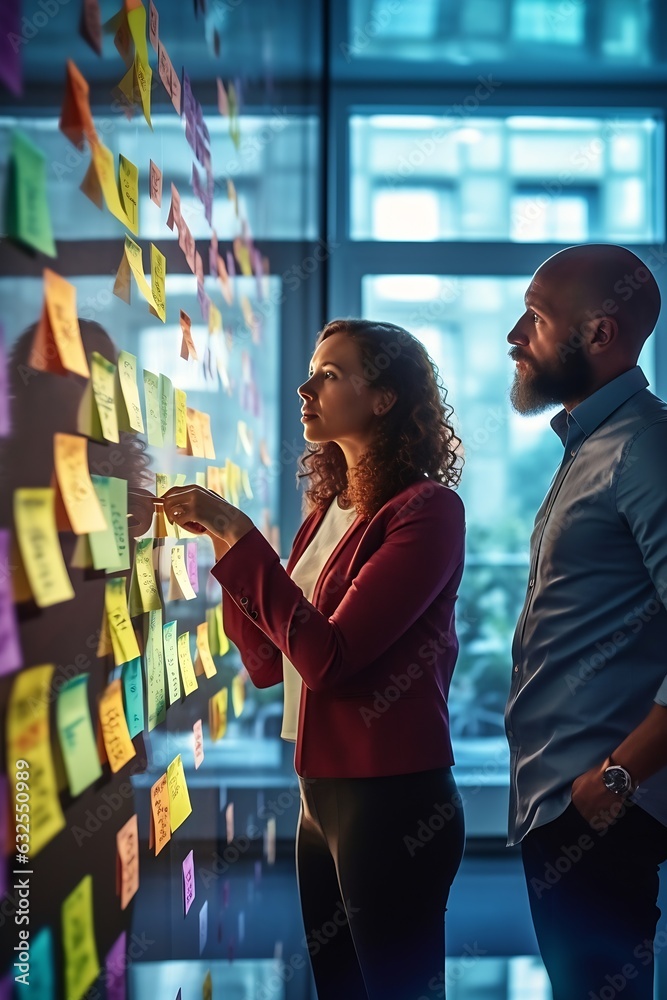 Poster Generative AI : Young successful creative man and woman smile and brainstorm on project at office pointing hand or finger to yellow post note or sticky note Close up view couple sharing idea on glass 