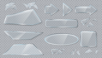 Vector transparent glass design elements for game and web. Arrows and objects.  Broken glass with sharp pieces