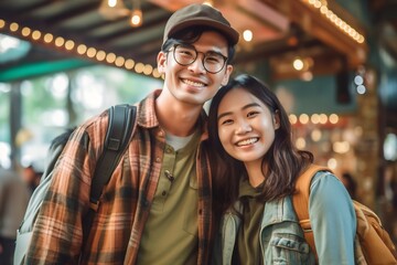 Generative AI : Happy young asian couple tourist having fun enjoy at airport terminal Lover student smile with summer travel in vacation holiday Honeymoon trip concept - obrazy, fototapety, plakaty