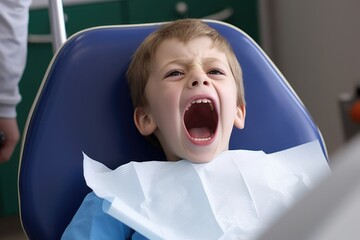a young boy sitting in a dentist chair with his mouth open