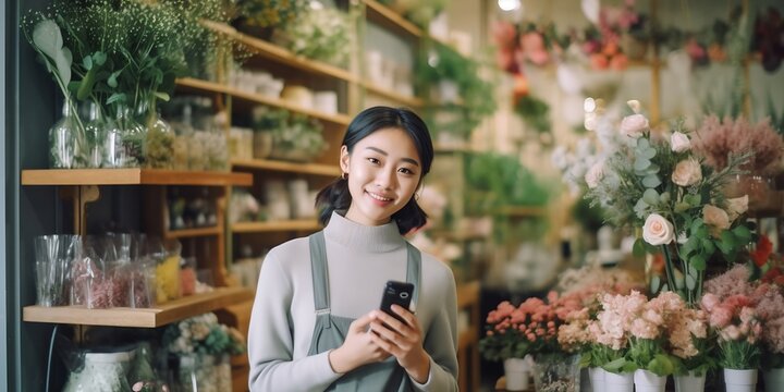 Generative AI : Asia girl vlogger influencer or SME owner people smile work on home video camera selfie shoot filming for live sell show happy talk on mobile VoIP app Remote sale product at modern flo