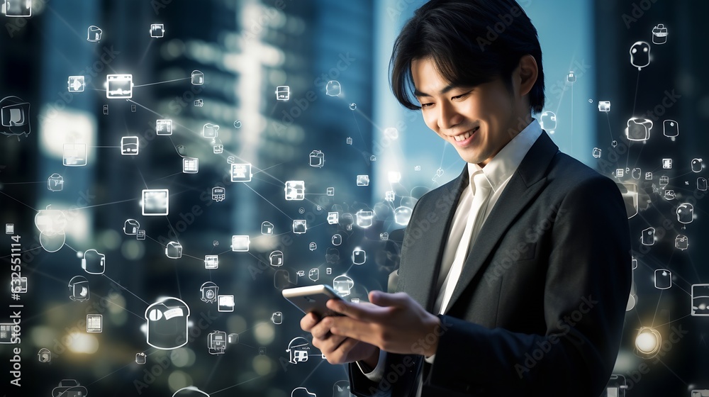 Poster Generative AI : A asian man using smartphone with IOT internet of things sign and icon surrond him Digital era or omni channel concept Internet on everyday