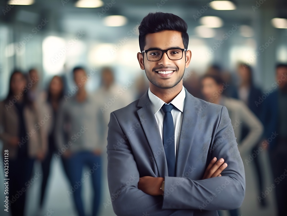 Poster generative ai : young indian businessman and team smile look and give handshake to camera at office 