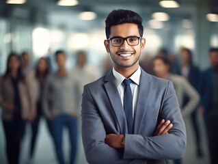 Generative AI : Young indian businessman and team smile look and give handshake to camera at office in concept warm welcome and support for new comer deal merger and acquisition business career and jo