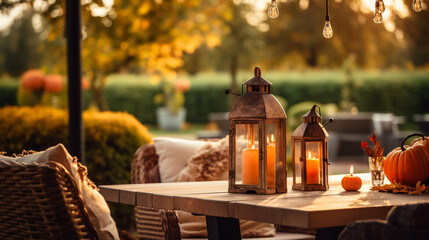 Fototapeta na wymiar Al fresco dining scene with pumpkins, candles, and the golden hues of autumn, Fall home decoration, pumpkins, candles, natural light, affinity, bright background Generative AI