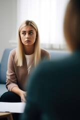 shot of a young woman looking stressed out during her consultation with a counsellor