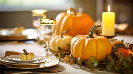Vintage-inspired table setting featuring antique pumpkins and vintage candles, Fall home decoration, pumpkins, candles, natural light, affinity, bright background Generative AI