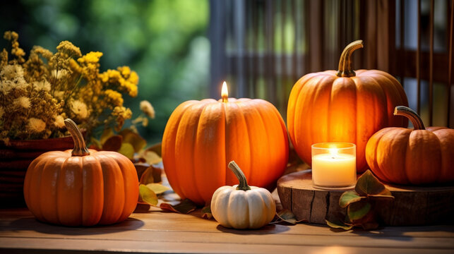 Family-friendly gathering with pumpkins, candles, and cheerful autumn colors, Fall home decoration, pumpkins, candles, natural light, affinity, bright background Generative AI