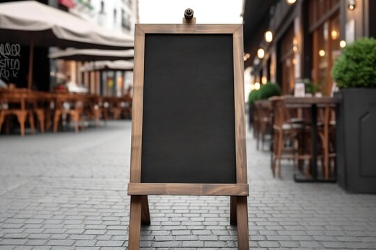 Generative AI : Mini blank blackboard with blur restaurant background Copy space for adding your content