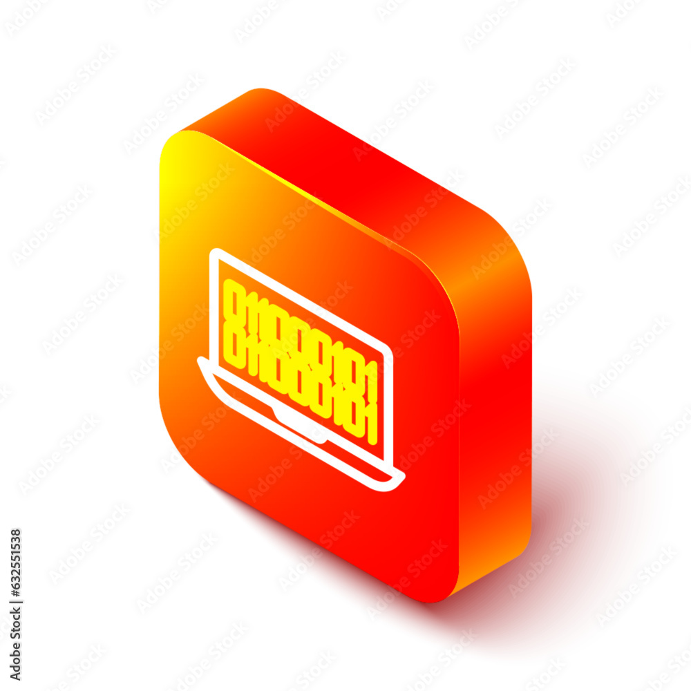 Poster isometric line binary code icon isolated on white background. orange square button. vector
