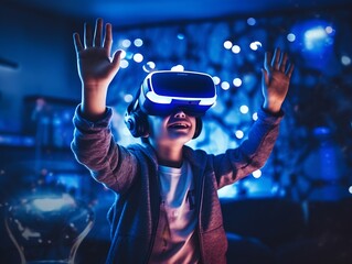 Generative AI : Young asian man in casual white wearing and holding VR glasses by hands looking up above feeling excited and amazed on night technology blurred bokeh background Virtual reality experie