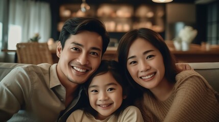 Obraz premium Generative AI : Happy attractive asian family with mom dad and little cute young daughter or elementary kids holding hands together lying on floor looking at camera on top view feeling enjoy happy tim