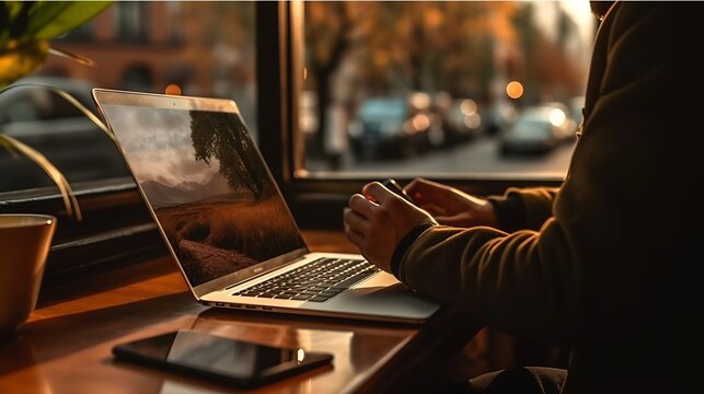 Generative AI : Man Is Using Smartphone And Laptop On Wooden Table In Cafe Coffee Shop