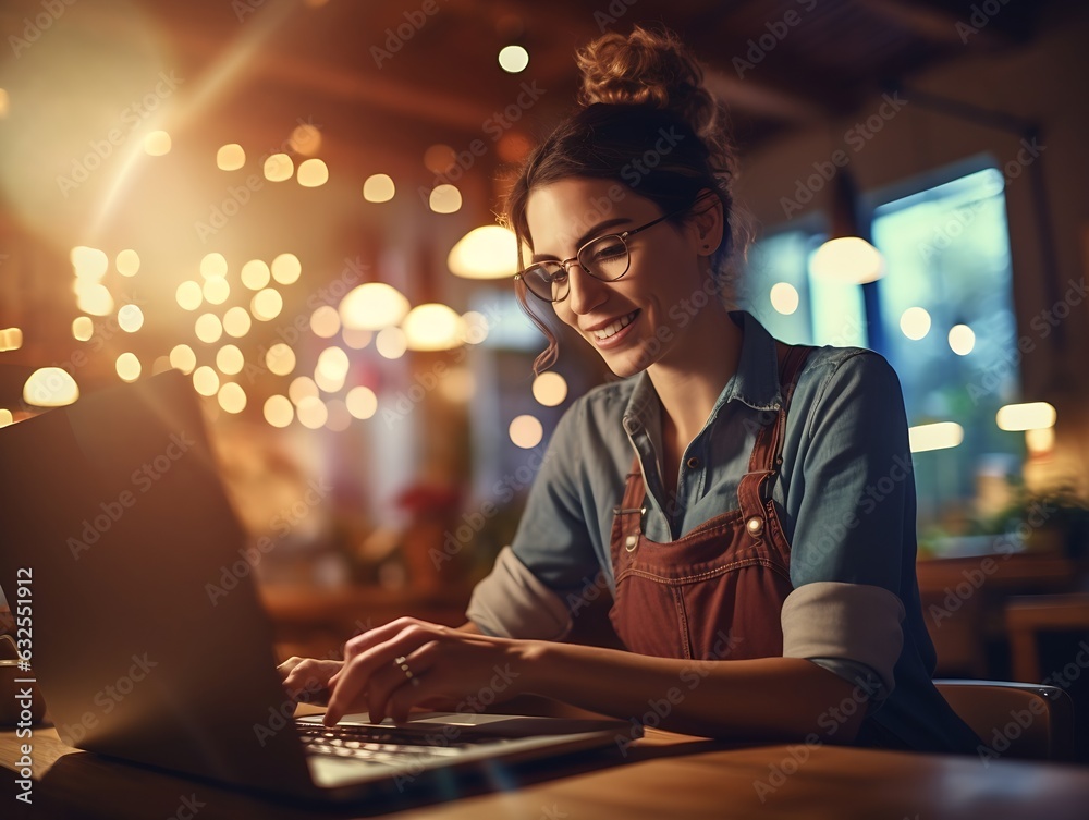 Poster generative ai : young woman using laptop computer female working on laptop in cafe with evening ligh