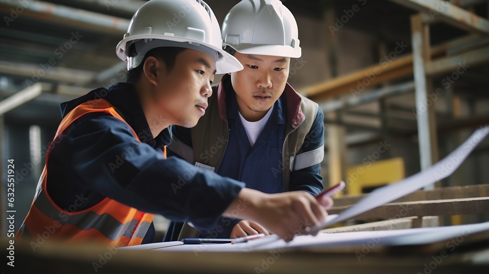 Poster generative ai : asian engineer and worker meeting at construction site workplace discussion with blu