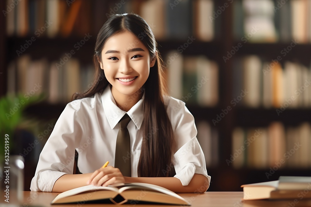Poster Generative AI : Young asian student college smiling to camera while reading book for exams at library in university