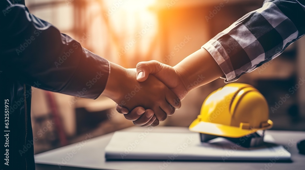 Poster generative ai : architect engineer shaking hands other hand he is holding a helmet at construction s