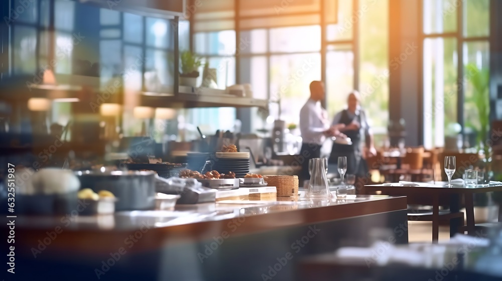 Fototapete generative ai : abstract blur and defocused breakfast buffet at hotel restaurant interior for backgr