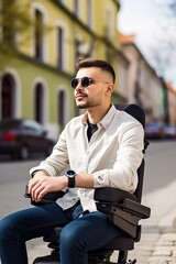 shot of a young man using an electric wheelchair outdoors