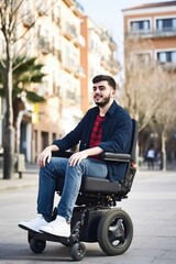 Fototapeta na wymiar shot of a young man using an electric wheelchair outdoors