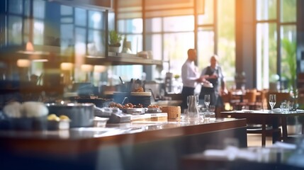 Generative AI : Abstract blur and defocused breakfast buffet at hotel restaurant interior for background with wide angle view Blurred bokeh light image background on coffee cafe shop or modern cafeter - obrazy, fototapety, plakaty
