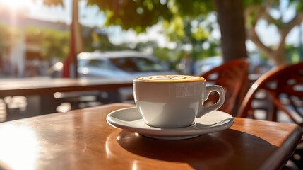Generative AI : A coffee cup and blur background at outdoor coffee cafe shop